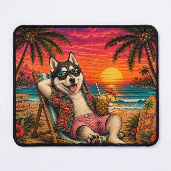 Item preview, Happy Vacation Funny Husky on Beach Tropical Summer Sunset designed and sold by BLUESKY11a.