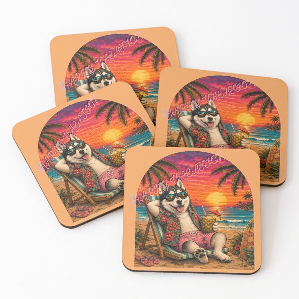Item preview, Happy Vacation Funny Husky on Beach Tropical Summer Sunset designed and sold by BLUESKY11a.