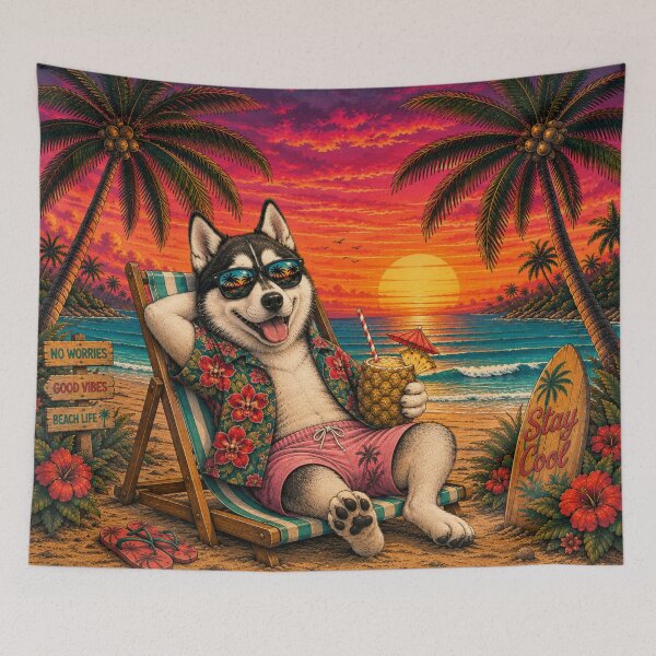 Item preview, Happy Vacation Funny Husky on Beach Tropical Summer Sunset designed and sold by BLUESKY11a.