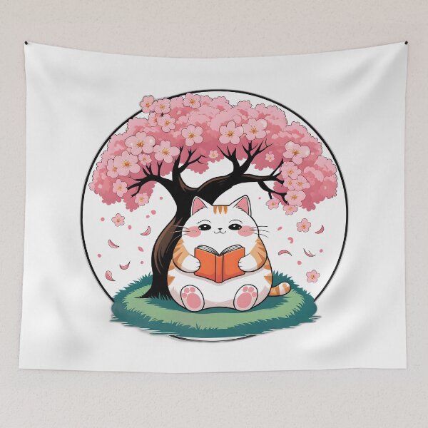 Item preview, Dreamy Cat Reading Book Under Cherry Blossom Tree designed and sold by Chuanski2405.