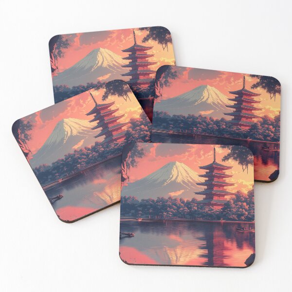 Item preview, Japanese Landscape Sunset Lake Temple Mount Fuji Sakura designed and sold by mildaclairmo.