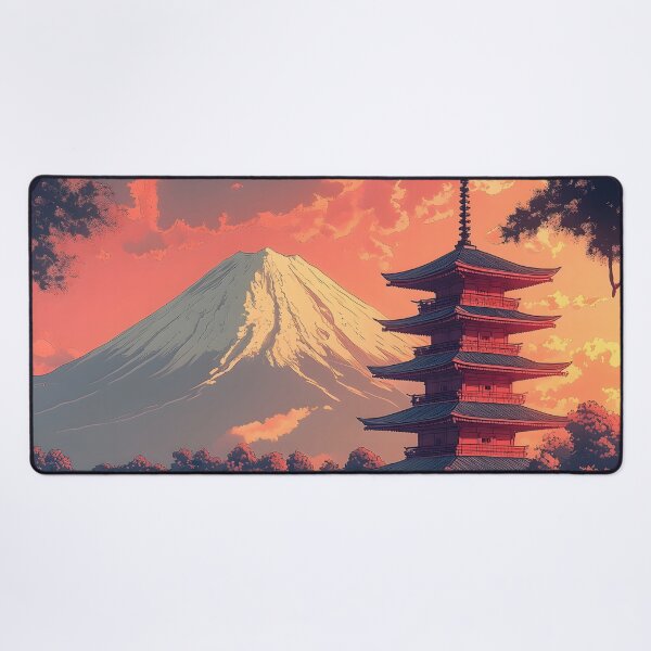 Item preview, Japanese Landscape Sunset Lake Temple Mount Fuji Sakura designed and sold by mildaclairmo.