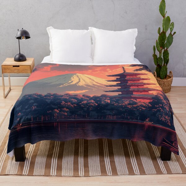 Item preview, Japanese Landscape Sunset Lake Temple Mount Fuji Sakura designed and sold by mildaclairmo.