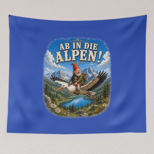 Artikelvorschau, Lustiger Alpenwichtel reitet auf einem Storch – Vintage-Bergabenteuer. AB IN DIE ALPEN! entworfen und verkauft von Alpine-Ink.