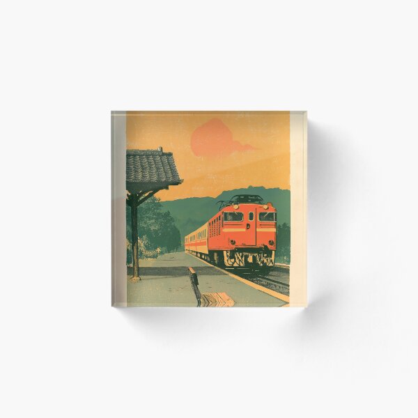 Artikelvorschau, Bahnhof auf dem Land bei Sonnenuntergang | Japanisches Eisenbahnplakat im Vintage-Stil | Wandbild aus der Showa-Zeit entworfen und verkauft von NodeArchitects.