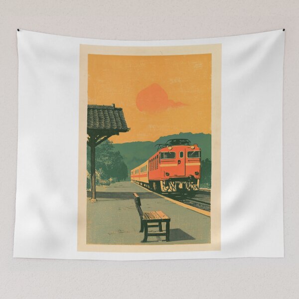 Item preview, Country Train Station at Sunset | Vintage Japanese Retro Railway Poster | Showa Travel Wall Art designed and sold by NodeArchitects.