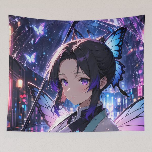 Item preview, Shinobu Kocho Demon Slayer Neon Rain Butterfly Night designed and sold by Dashsopaner.