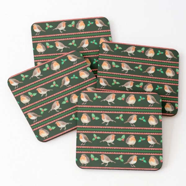 Item preview, Watercolor Christmas Robins and Holly Pattern on Dark Green designed and sold by QuestingPixel.