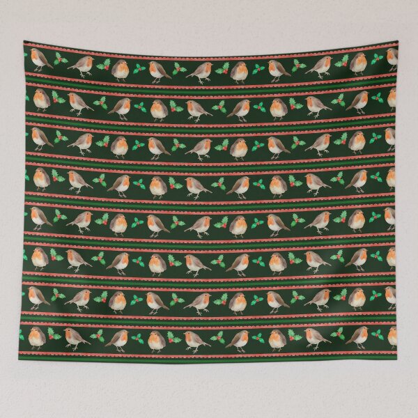 Item preview, Watercolor Christmas Robins and Holly Pattern on Dark Green designed and sold by QuestingPixel.