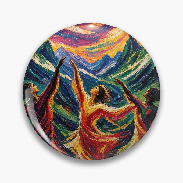Item preview, Joyful Expressionist Dance Under Swirling Sun – Three Figures with Mountains in Blue, Purple, Yellow, Red and Green designed and sold by MFMart.
