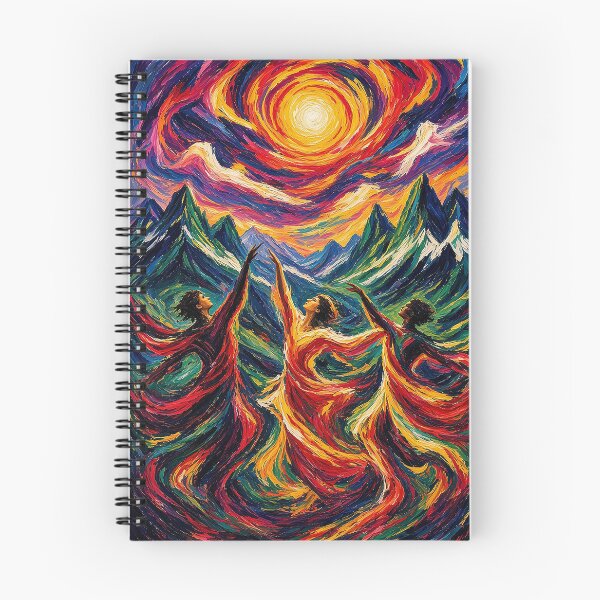 Artikelvorschau, Fröhlicher expressionistischer Tanz unter wirbelnder Sonne – Drei Figuren vor Bergen in Blau, Lila, Gelb, Rot und Grün entworfen und verkauft von MFMart.