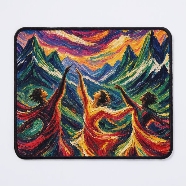 Item preview, Joyful Expressionist Dance Under Swirling Sun – Three Figures with Mountains in Blue, Purple, Yellow, Red and Green designed and sold by MFMart.
