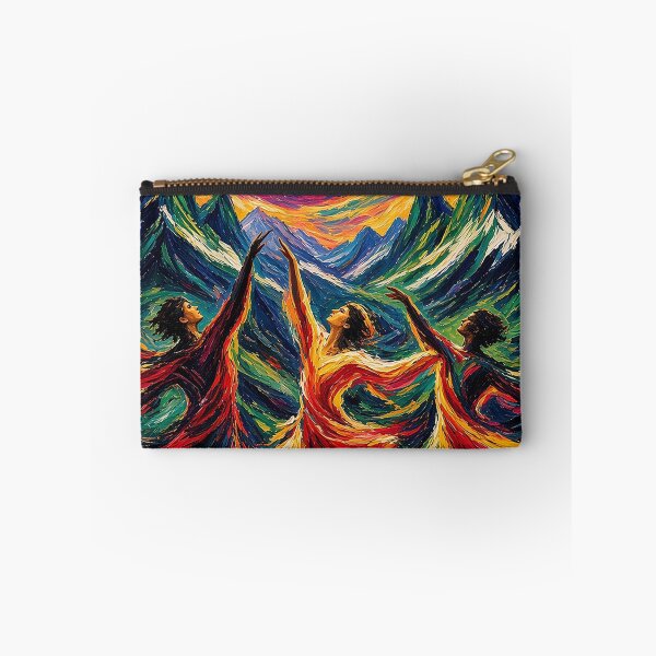 Item preview, Joyful Expressionist Dance Under Swirling Sun – Three Figures with Mountains in Blue, Purple, Yellow, Red and Green designed and sold by MFMart.