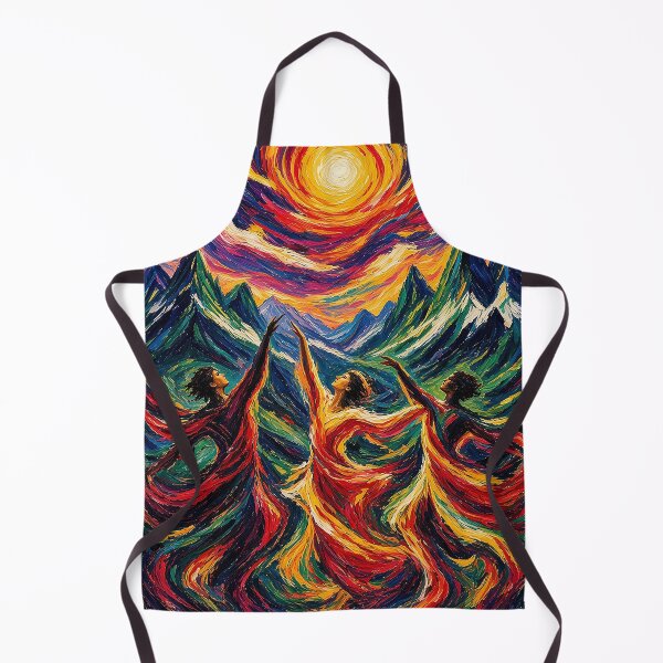 Item preview, Joyful Expressionist Dance Under Swirling Sun – Three Figures with Mountains in Blue, Purple, Yellow, Red and Green designed and sold by MFMart.