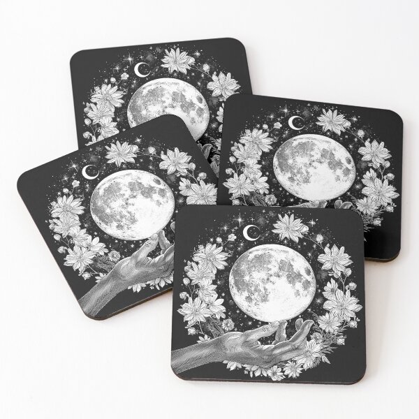 Item preview, Celestial Hand Reaching for Full Moon with Flowers Witchy Botanical Art designed and sold by inkoutninja.