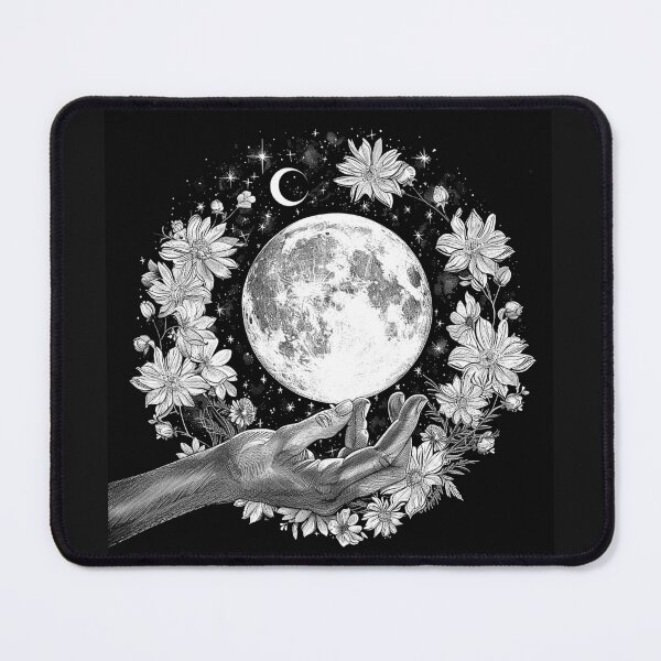 Item preview, Celestial Hand Reaching for Full Moon with Flowers Witchy Botanical Art designed and sold by inkoutninja.