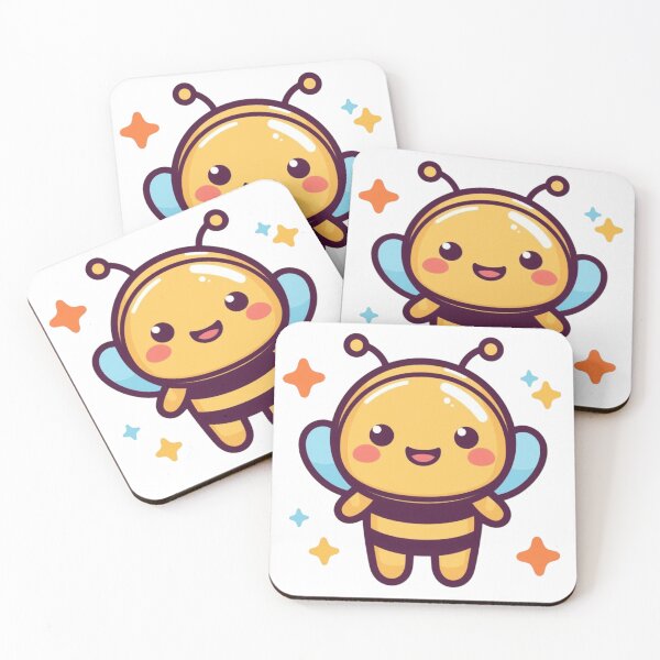 Item preview, Cute Kawaii Bee Character Illustration With Smiling Face and Colorful Stars on Black designed and sold by KanDa-Shop.