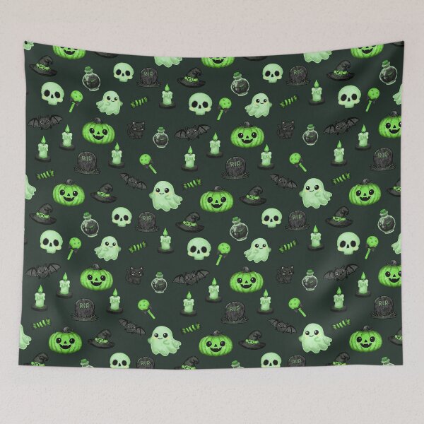 Item preview, Cute Green Spooky Halloween Pattern - Ghosts, Pumpkins, Skulls & Witchy Elements designed and sold by Potattoo.