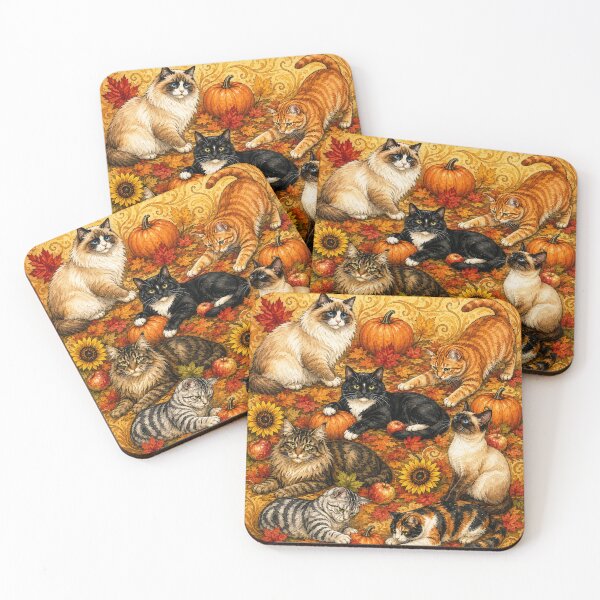 Item preview, Autumn Cats Playing with Pumpkins, Fall Leaves and Sunflowers designed and sold by Lion and Lamb Design.