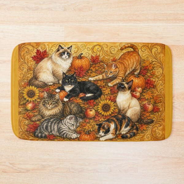 Item preview, Autumn Cats Playing with Pumpkins, Fall Leaves and Sunflowers designed and sold by Lion and Lamb Design.
