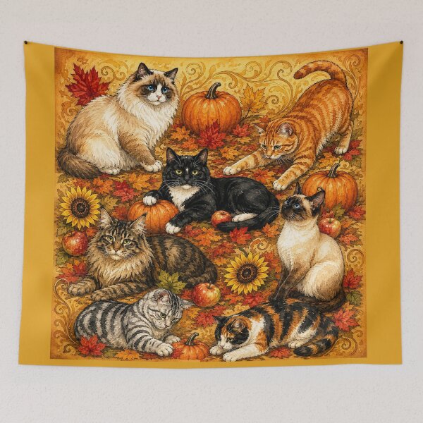 Item preview, Autumn Cats Playing with Pumpkins, Fall Leaves and Sunflowers designed and sold by Lion and Lamb Design.
