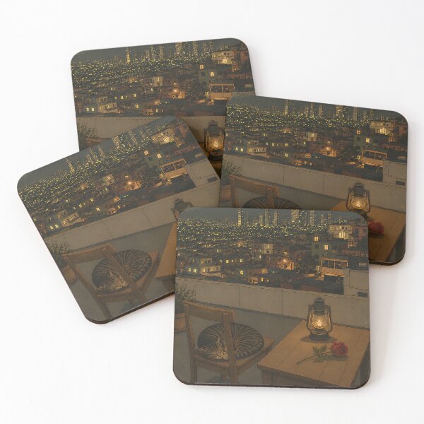 Item preview, Vintage Night City Cat | Cozy Rooftop Nightscape with Lantern and Red Rose designed and sold by Extravanganzza.
