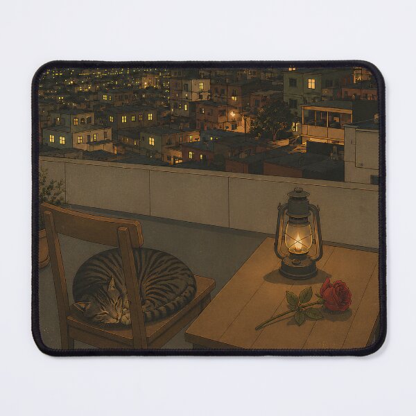 Item preview, Vintage Night City Cat | Cozy Rooftop Nightscape with Lantern and Red Rose designed and sold by Extravanganzza.