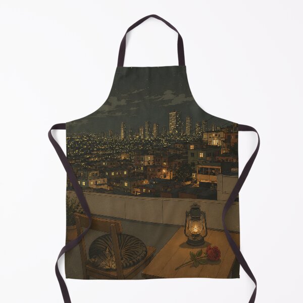 Item preview, Vintage Night City Cat | Cozy Rooftop Nightscape with Lantern and Red Rose designed and sold by Extravanganzza.