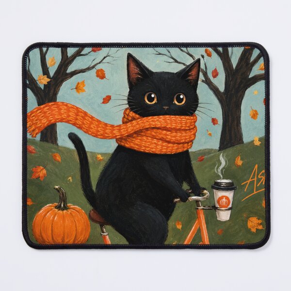 Item preview, Cute Black Cat Autumn Bicycle – Fall Cat Pumpkin Coffee Cozy Season designed and sold by AbstractAuraArt.