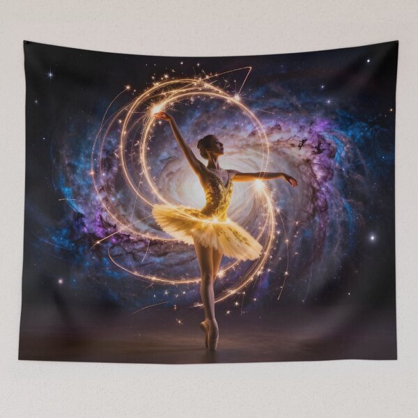 Item preview, Cosmic Ballerina Dancing Through the Galaxy – Golden Celestial Ballet Fantasy Art designed and sold by DreamyWallVibes.