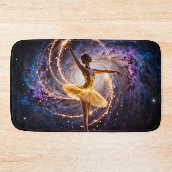 Item preview, Cosmic Ballerina Dancing Through the Galaxy – Golden Celestial Ballet Fantasy Art designed and sold by DreamyWallVibes.