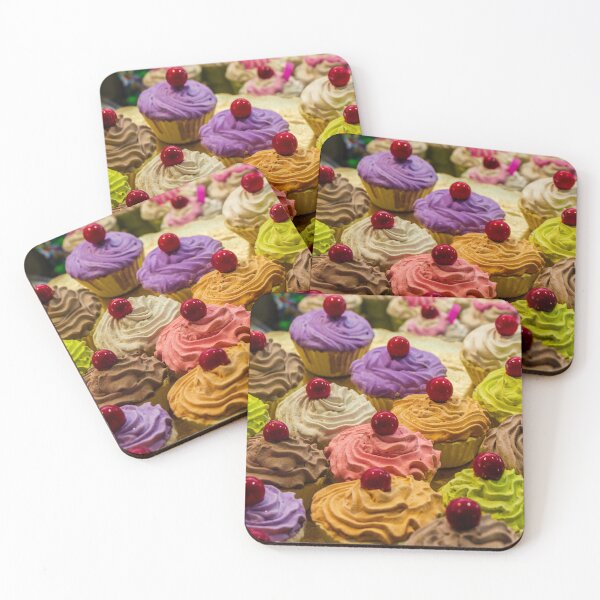 Item preview, Colorful Assorted Frosted Cupcakes With Cherry Toppings Displayed on Bakery Tray designed and sold by Nmallia.
