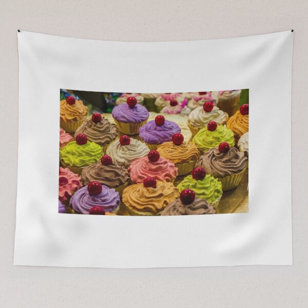 Item preview, Colorful Assorted Frosted Cupcakes With Cherry Toppings Displayed on Bakery Tray designed and sold by Nmallia.