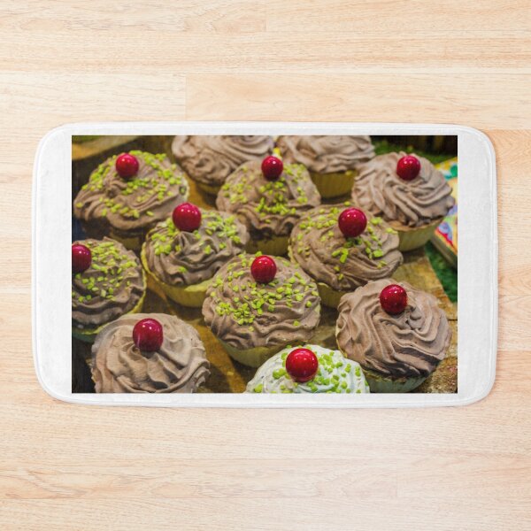 Item preview, Colorful Assorted Frosted Cupcakes With Cherry Toppings Displayed on Bakery Tray designed and sold by Nmallia.