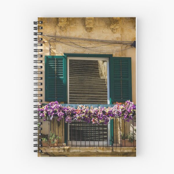 Item preview, Sunlit Balcony With Purple Flowers And Green Shutters On Rustic Mediterranean Stone Building designed and sold by Nmallia.