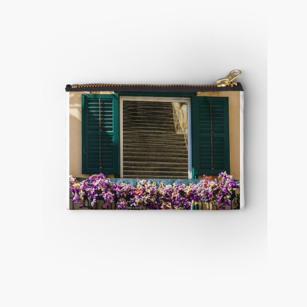 Item preview, Sunlit Balcony With Purple Flowers And Green Shutters On Rustic Mediterranean Stone Building designed and sold by Nmallia.
