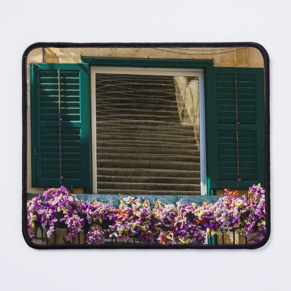 Item preview, Sunlit Balcony With Purple Flowers And Green Shutters On Rustic Mediterranean Stone Building designed and sold by Nmallia.