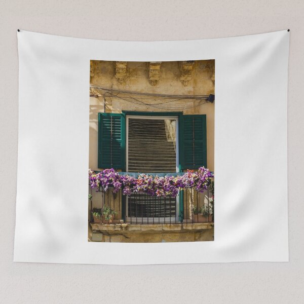 Item preview, Sunlit Balcony With Purple Flowers And Green Shutters On Rustic Mediterranean Stone Building designed and sold by Nmallia.