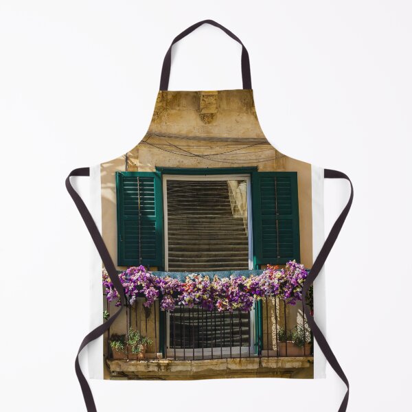 Item preview, Sunlit Balcony With Purple Flowers And Green Shutters On Rustic Mediterranean Stone Building designed and sold by Nmallia.