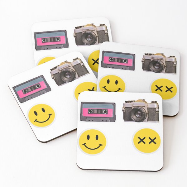 Item preview, Retro Cassette Tape, Vintage Film Camera and Smiley Face Stickers on Black Background designed and sold by KanDa-Shop.
