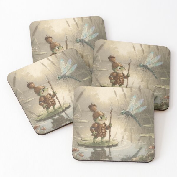 Item preview, Tiny Frog Knight in Acorn-Cap Armour Facing a Dragonfly designed and sold by PictorialWhimsy.
