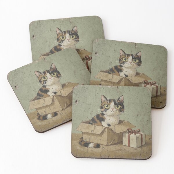 Item preview, Calico Cat Sitting in the Empty Box Ignoring the Gift Folk Art designed and sold by PictorialWhimsy.