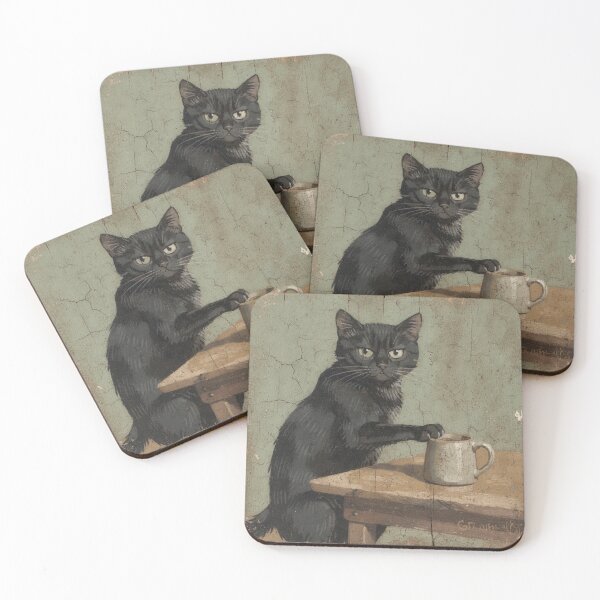 Item preview, Deadpan Black Cat Knocking a Mug Off the Table Folk Art designed and sold by PictorialWhimsy.
