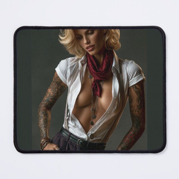 Item preview, Tattooed Blonde in Suspenders & Bowler Hat | Edgy Pin-Up for Man Cave & She Shed designed and sold by Synth Seduction.