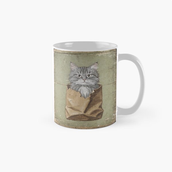 Item preview, Grumpy Grey Cat Glaring From Inside a Paper Bag Folk Art designed and sold by PictorialWhimsy.