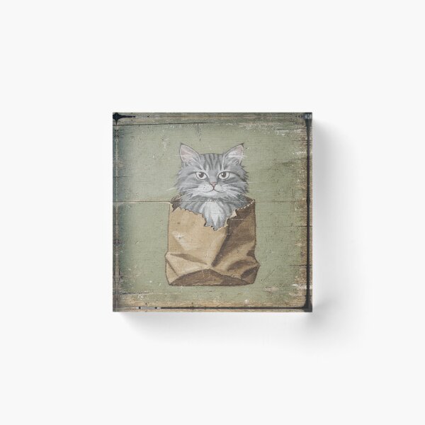 Item preview, Grumpy Grey Cat Glaring From Inside a Paper Bag Folk Art designed and sold by PictorialWhimsy.