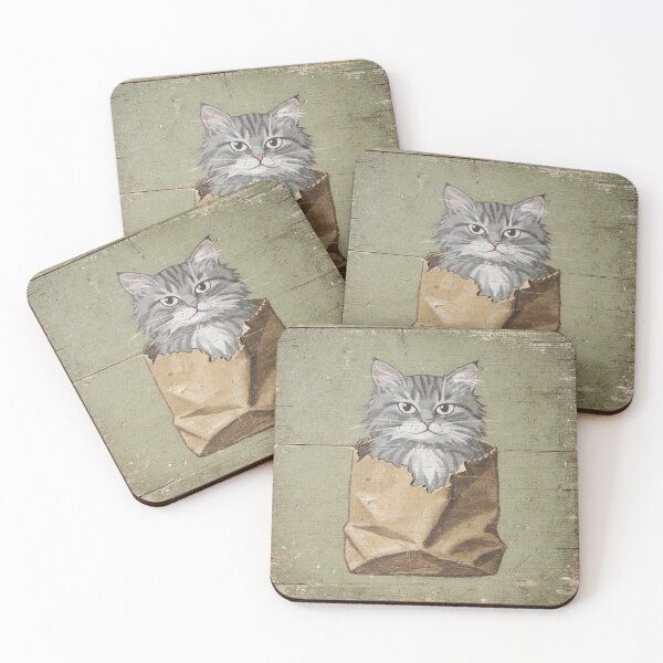 Item preview, Grumpy Grey Cat Glaring From Inside a Paper Bag Folk Art designed and sold by PictorialWhimsy.
