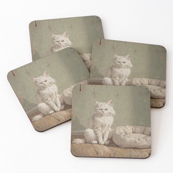 Item preview, Unimpressed White Cat Rejecting the Expensive New Bed Folk Art designed and sold by PictorialWhimsy.