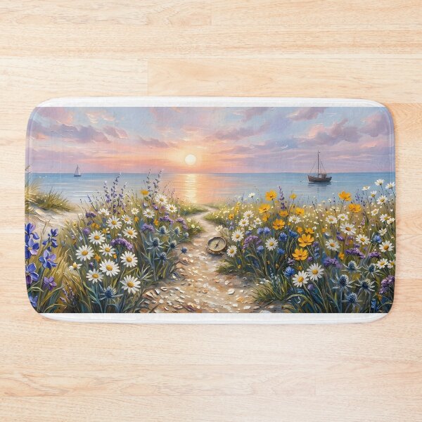Item preview, Panoramic Coastal Wildflower Path Print | Sunset Ocean Beach Wall Art | Lavender & Daisy Dunes Landscape Poster | Oil Painting Effect Canvas Decor designed and sold by SergioMiklos.