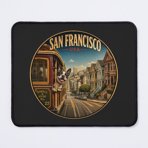 Item preview, San Francisco Boston Terrier Vintage Cable Car Travel Poster designed and sold by FireWildChild.
